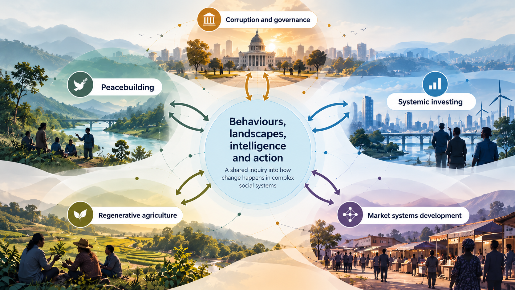 Behaviours, landscapes, intelligence and action: a shared inquiry into how change happens in complex social systems, linking corruption and governance, peacebuilding, systemic investing, regenerative agriculture and market systems development