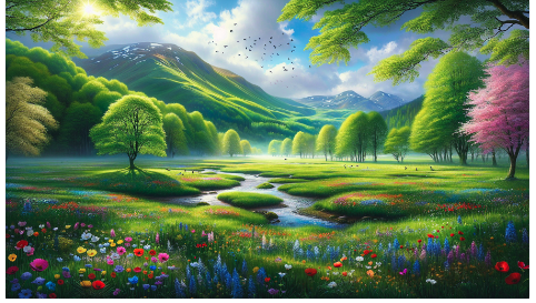 DALL-E: A meadow, in the Spring, teeming with life, with a river and trees