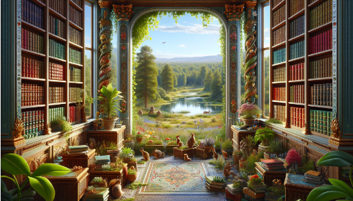 DALL-E: A library, open to a rich natural environment of water, plants and animals
