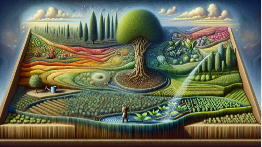 DALL-E: Gardening, cultivation, irrigation, different areas as part of the whole